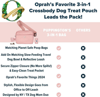 3-in-1 Crossbody Dog Treat Pouch for Pet Training - Compostable Poop Bags, Built-In Poop Bag Dispenser, Slow-Feeding Travel Dog Bowl & Reflective Leash - Dog Walking Bag (Blush Pink)