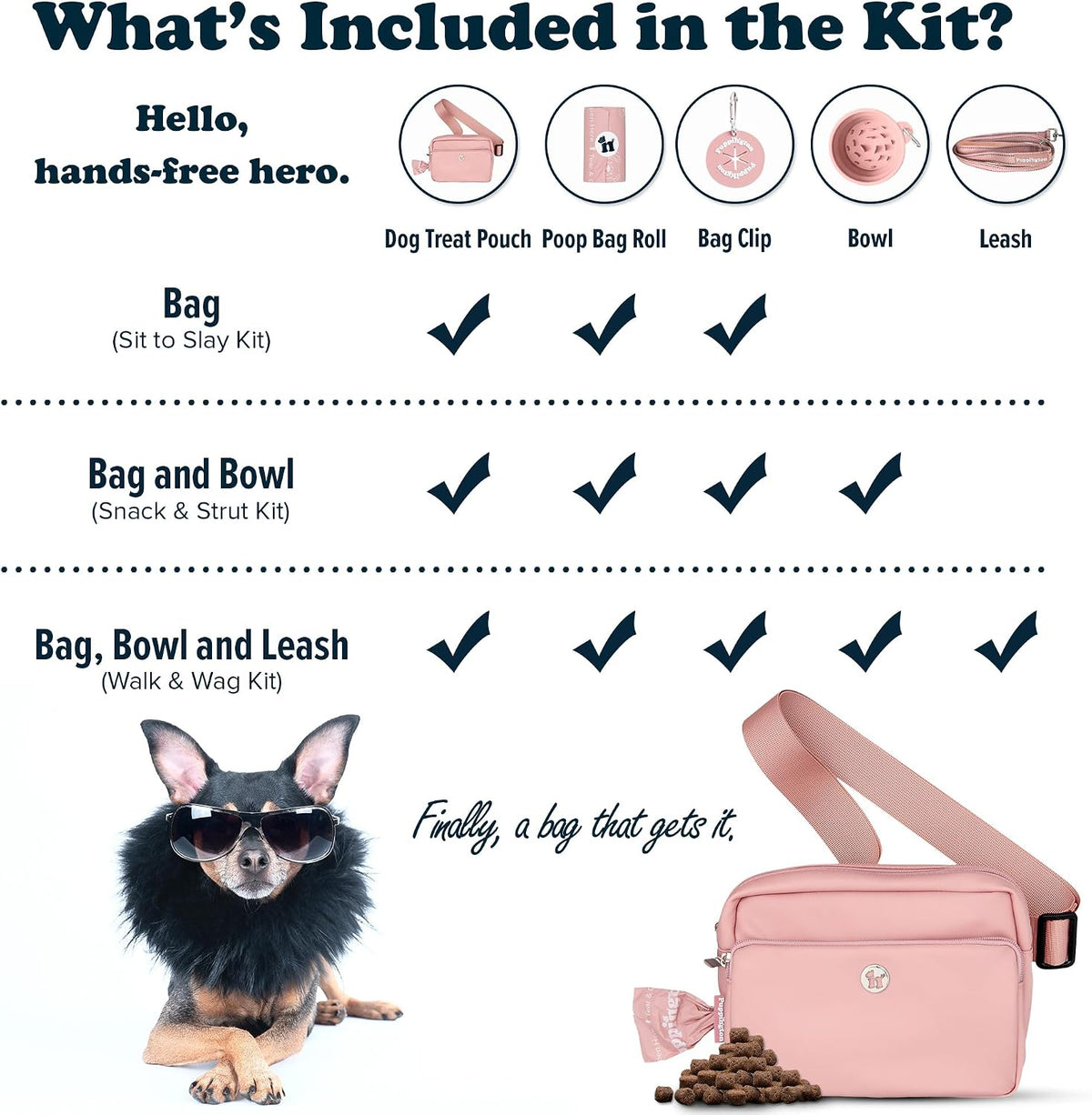 3-in-1 Crossbody Dog Treat Pouch for Pet Training - Compostable Poop Bags, Built-In Poop Bag Dispenser, Slow-Feeding Travel Dog Bowl & Reflective Leash - Dog Walking Bag (Blush Pink)