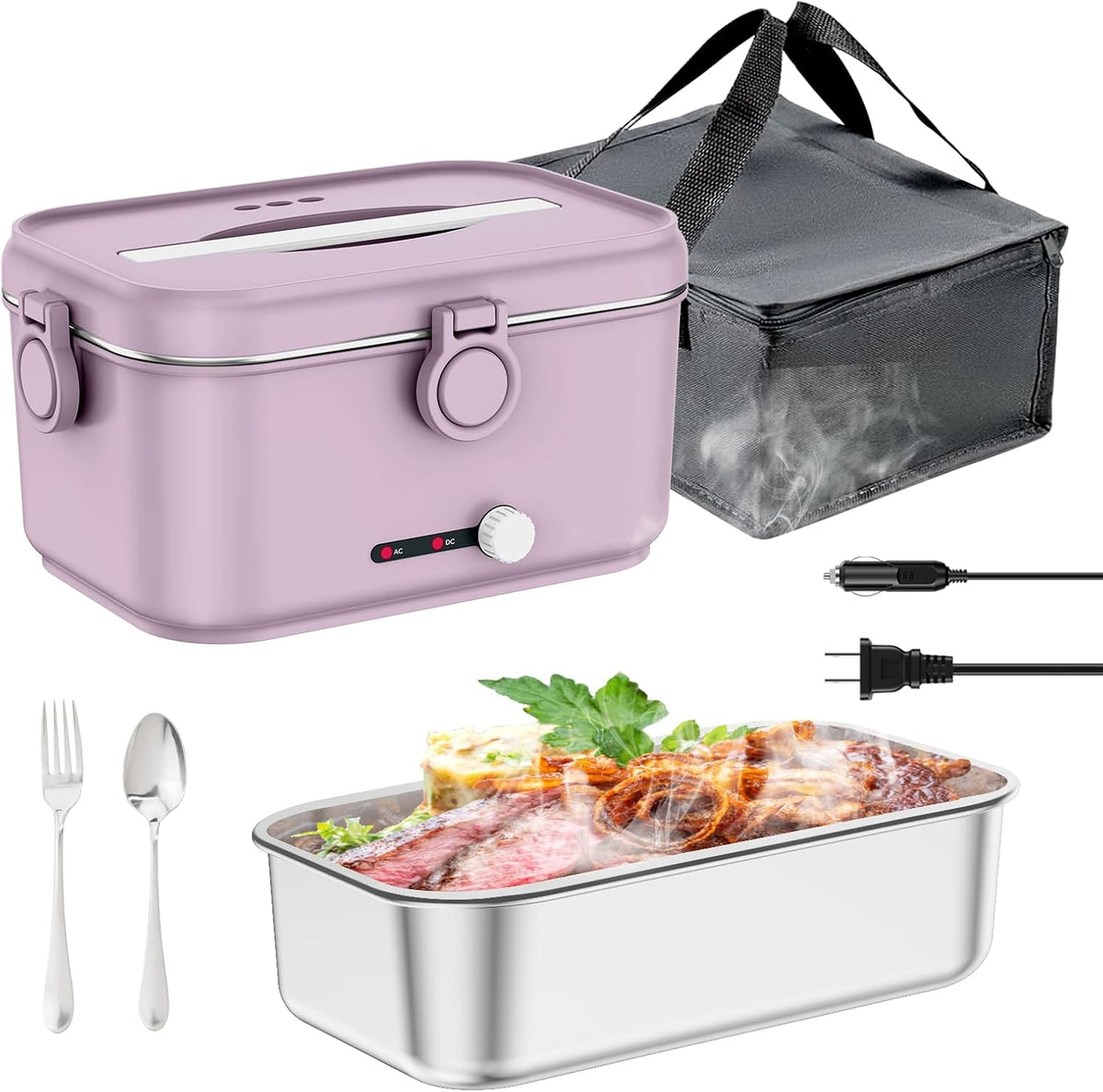 Heated Electric Lunch Box for Adults, 80W Portable Food Warmer with 1.8L Stainless Steel Container, Utensils, Carry Bag & Leakproof Lid, 12V/24V Car/Truck & 110/120V Home/Office (Light Pink)