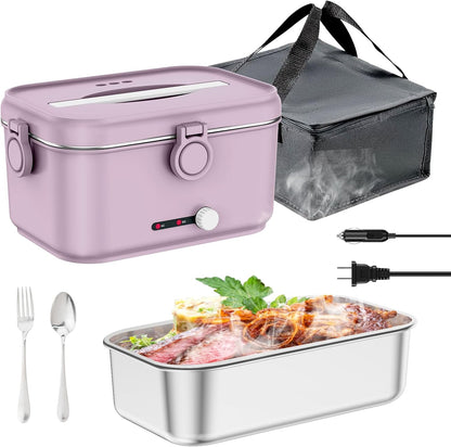 Heated Electric Lunch Box for Adults, 80W Portable Food Warmer with 1.8L Stainless Steel Container, Utensils, Carry Bag & Leakproof Lid, 12V/24V Car/Truck & 110/120V Home/Office (Light Pink)