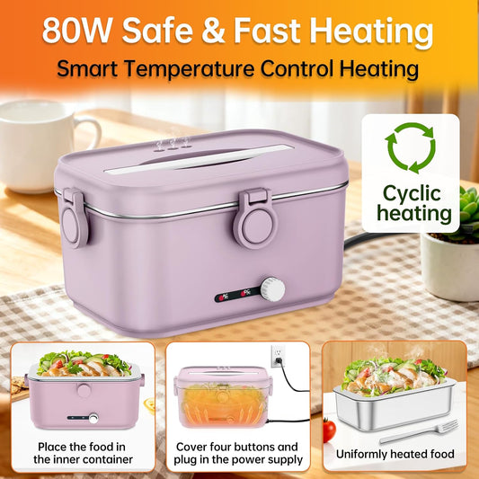 Heated Electric Lunch Box for Adults, 80W Portable Food Warmer with 1.8L Stainless Steel Container, Utensils, Carry Bag & Leakproof Lid, 12V/24V Car/Truck & 110/120V Home/Office (Light Pink)