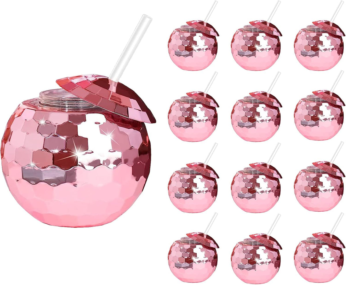 Disco Ball Cups, 20OZ Disco Party Cups with Lid and Reusable Straw Flash Ball Cocktail Cup for Party Nightclub Bar Supplies Wine Drinking Syrup Tea Bottle (12, Rose Gold)