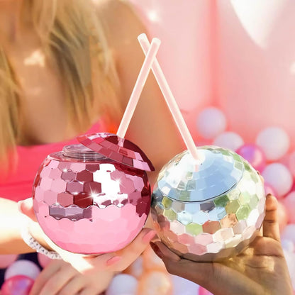 Disco Ball Cups, 20OZ Disco Party Cups with Lid and Reusable Straw Flash Ball Cocktail Cup for Party Nightclub Bar Supplies Wine Drinking Syrup Tea Bottle (12, Rose Gold)