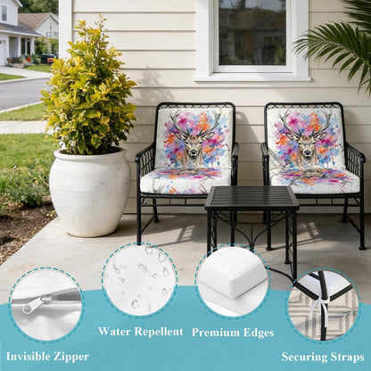 Elk Indoor/Outdoor Seat Cushions Cover, Pink Purple Blue Watercolor Splashes Splatter Animal Waterproof Patio Chaise Lounge Cushion Cover for Beach Pool Side Chair Cushions 24''x24''x2pcs