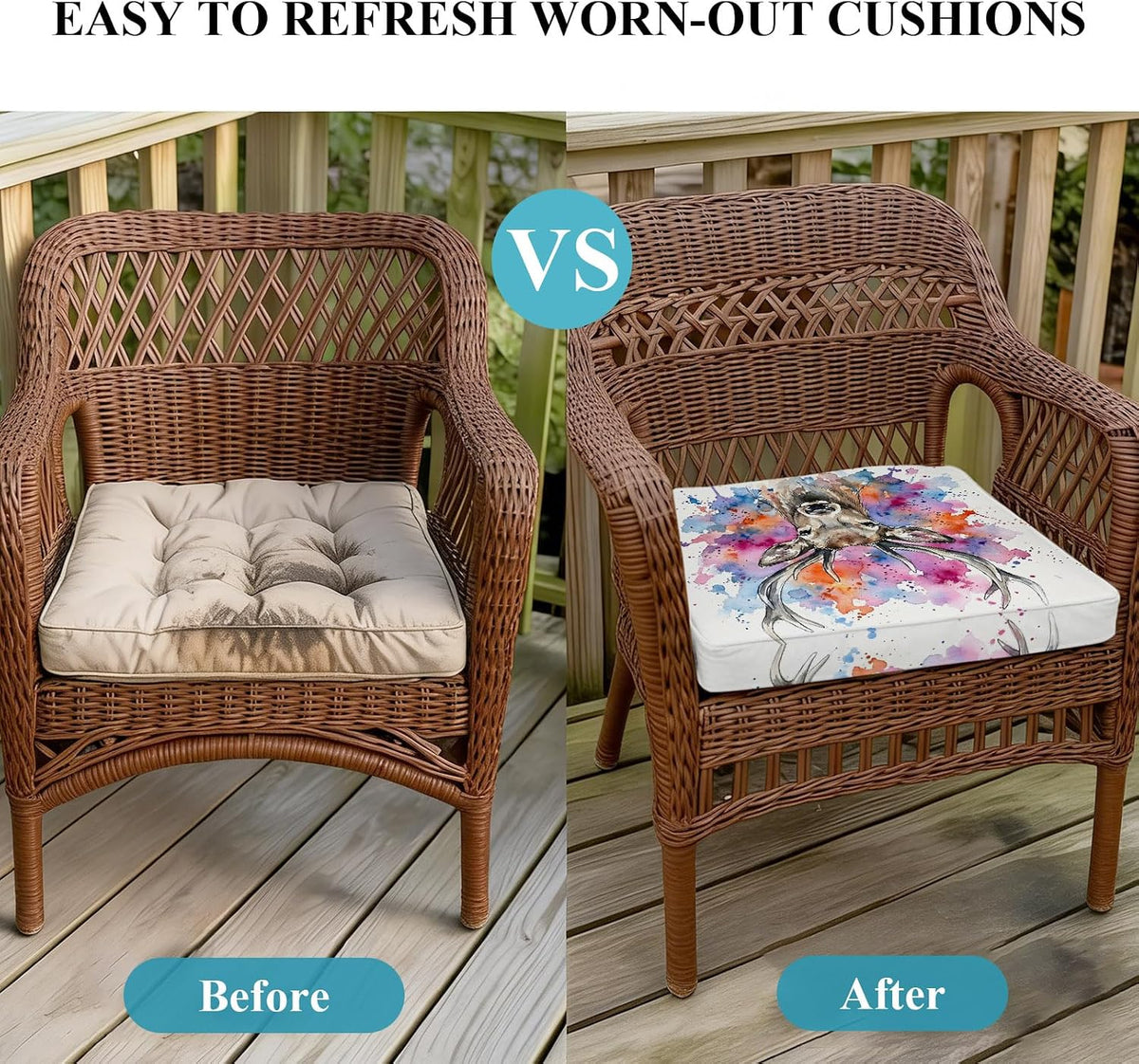 Elk Indoor/Outdoor Seat Cushions Cover, Pink Purple Blue Watercolor Splashes Splatter Animal Waterproof Patio Chaise Lounge Cushion Cover for Beach Pool Side Chair Cushions 24''x24''x2pcs