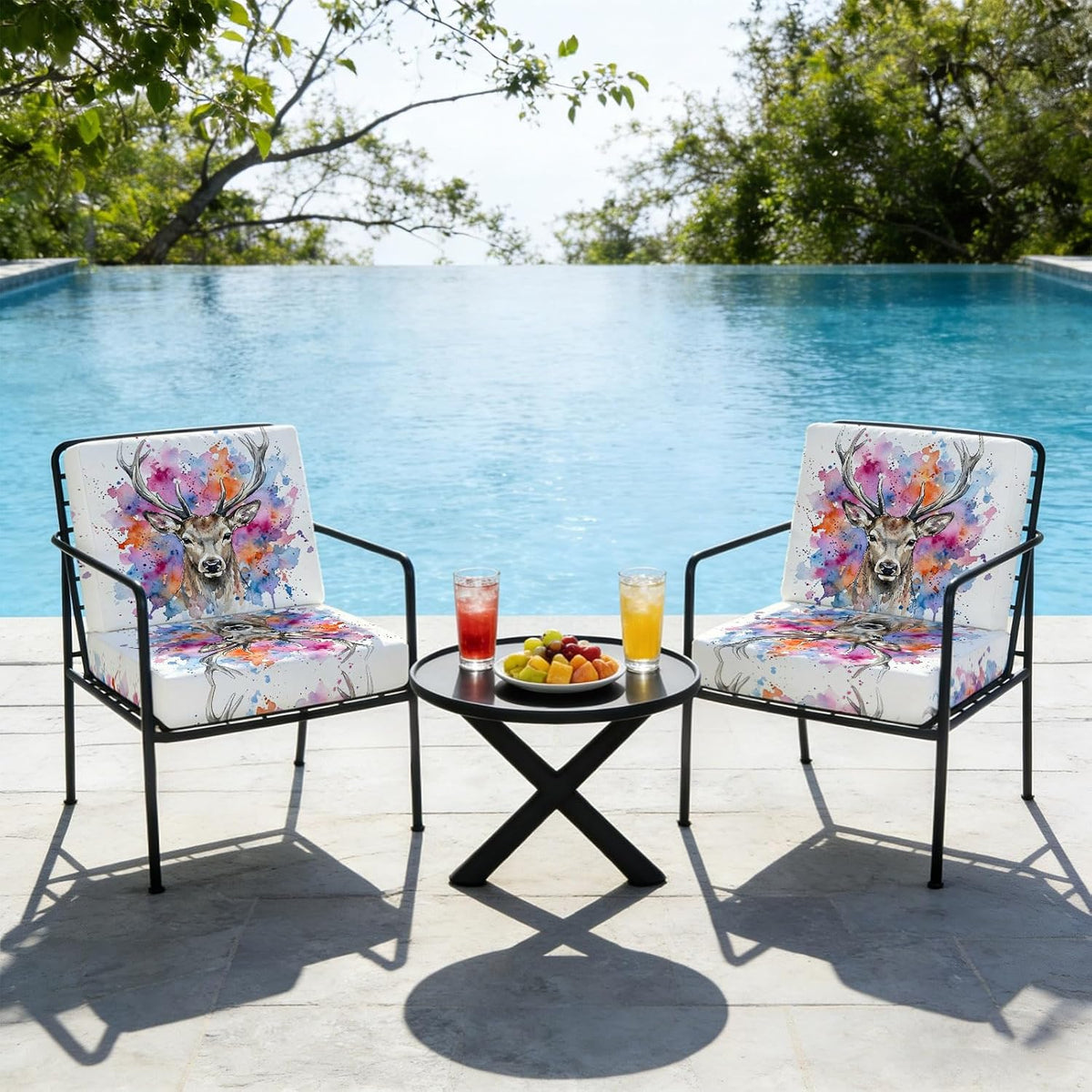 Elk Indoor/Outdoor Seat Cushions Cover, Pink Purple Blue Watercolor Splashes Splatter Animal Waterproof Patio Chaise Lounge Cushion Cover for Beach Pool Side Chair Cushions 24''x24''x2pcs
