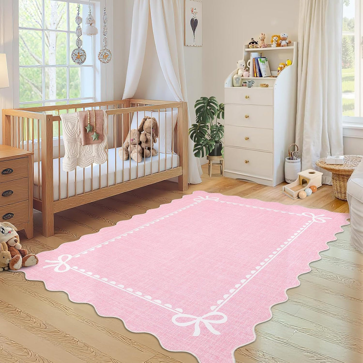 Scalloped Living Room Rugs 4x6 Washable Kids Bedroom Rug, Pink
