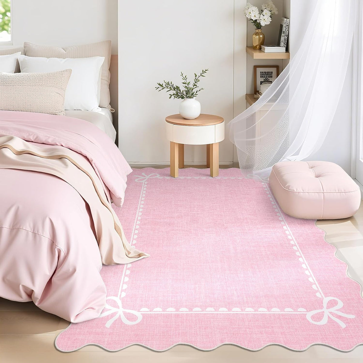 Scalloped Living Room Rugs 4x6 Washable Kids Bedroom Rug, Pink