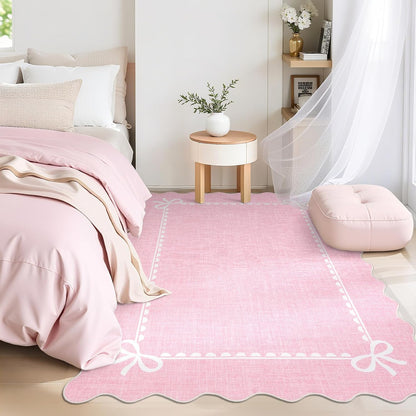 Scalloped Living Room Rugs 4x6 Washable Kids Bedroom Rug, Pink