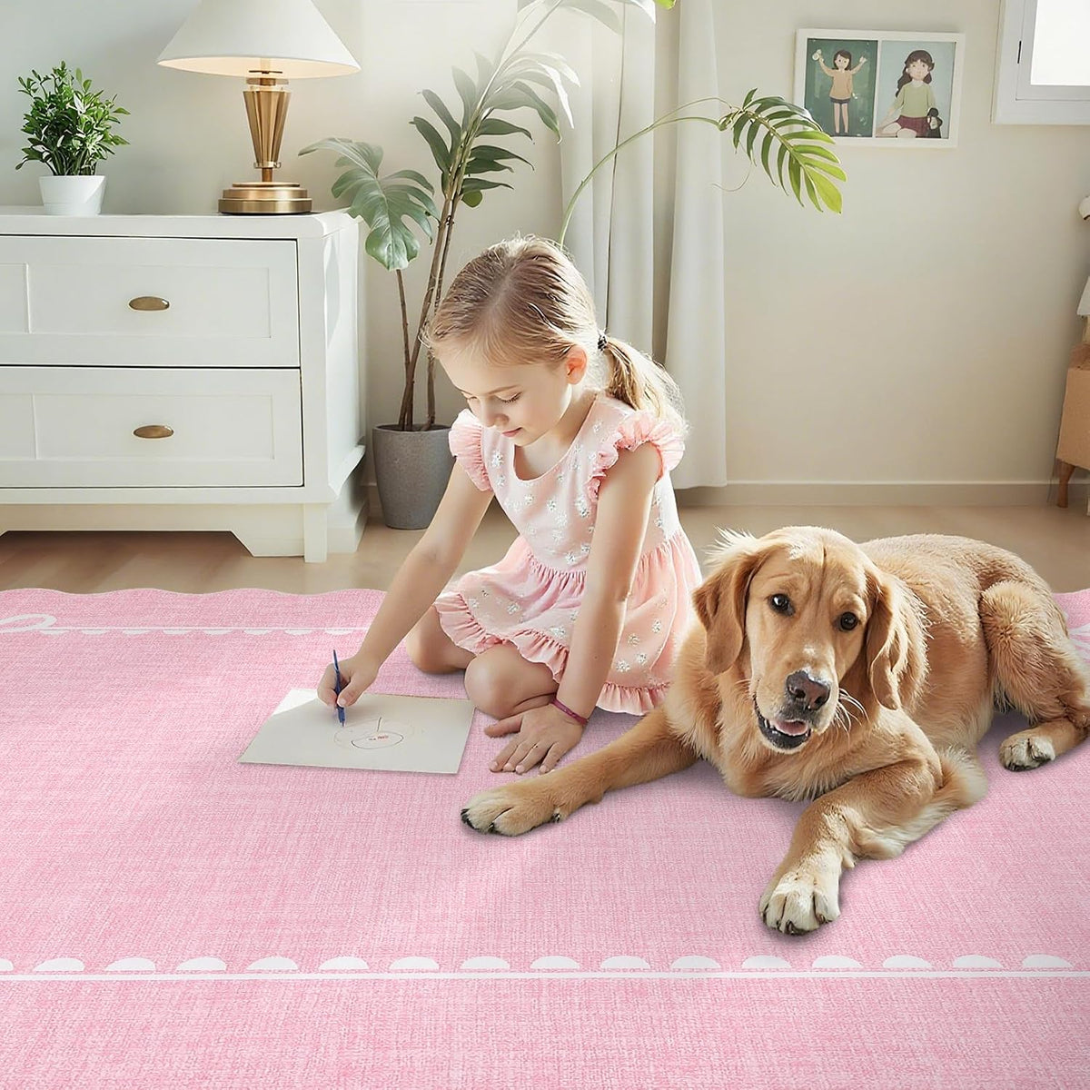 Scalloped Living Room Rugs 4x6 Washable Kids Bedroom Rug, Pink