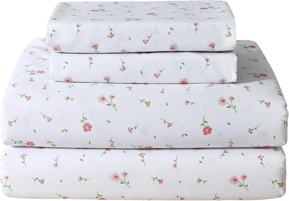 Pink Floral Queen Sheet Set Flower Bed Sheets Queen Size - 4 Piece Microfiber Patterned Fitted Bed Sheets with 15" Deep Pocket, Cozy Cute Pink Flower Sheets and Pillowcase Set