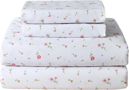 Pink Floral Queen Sheet Set Flower Bed Sheets Queen Size - 4 Piece Microfiber Patterned Fitted Bed Sheets with 15" Deep Pocket, Cozy Cute Pink Flower Sheets and Pillowcase Set