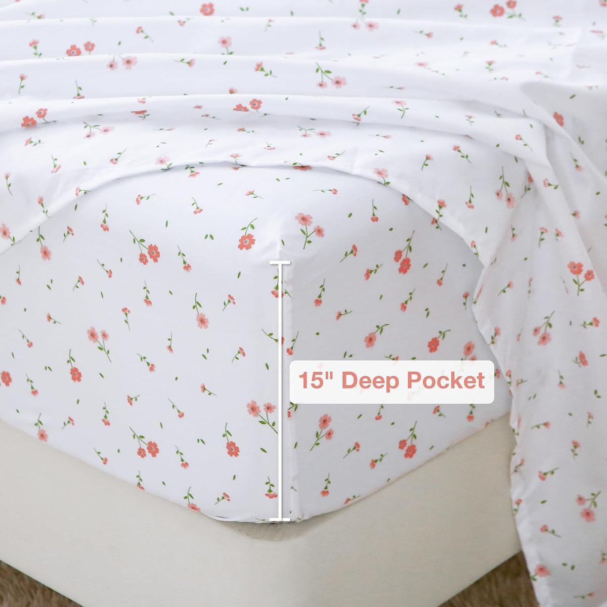 Pink Floral Queen Sheet Set Flower Bed Sheets Queen Size - 4 Piece Microfiber Patterned Fitted Bed Sheets with 15" Deep Pocket, Cozy Cute Pink Flower Sheets and Pillowcase Set