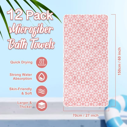 12 Pack Microfiber Bath Towels Bulk,Pink,Flowers