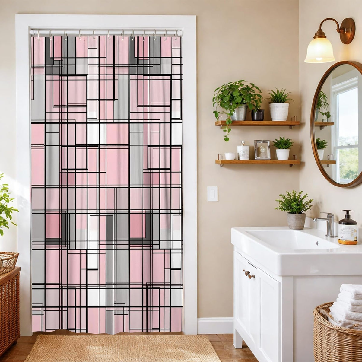 Squares Stall Shower Curtain, Modern Minimalistic Lines Rectangles None Peach Waterproof Fabric Decorative Bathroom Curtain for Home Bathroom Toile Hotel Decor 36x72 Inch