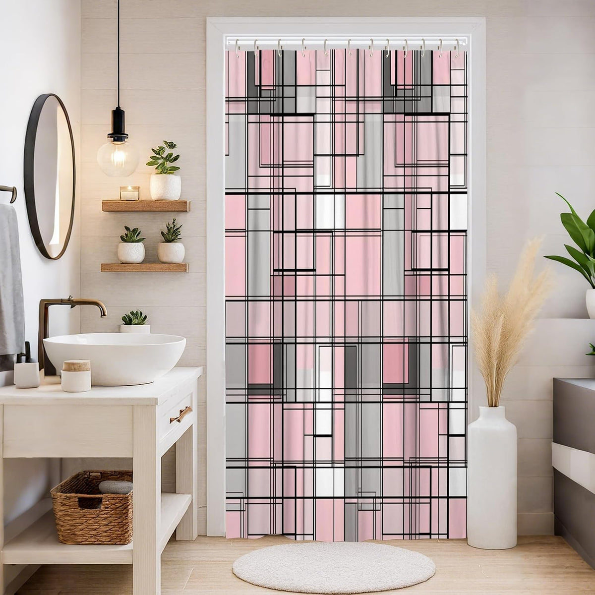 Squares Stall Shower Curtain, Modern Minimalistic Lines Rectangles None Peach Waterproof Fabric Decorative Bathroom Curtain for Home Bathroom Toile Hotel Decor 36x72 Inch