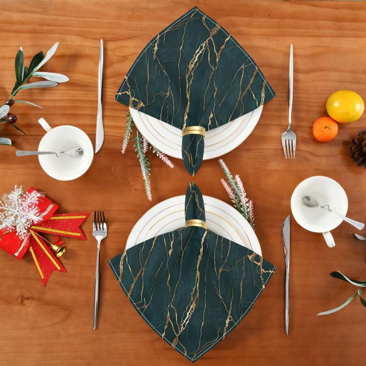Emerald Gold Marble 20x20 Inch Cloth Napkins Set of 6, Satin Peach Skin Polyester Dinner Napkins, Washable Reusable Table Napkins with Hemmed Edges for Wedding Party Restaurant Everyday Use