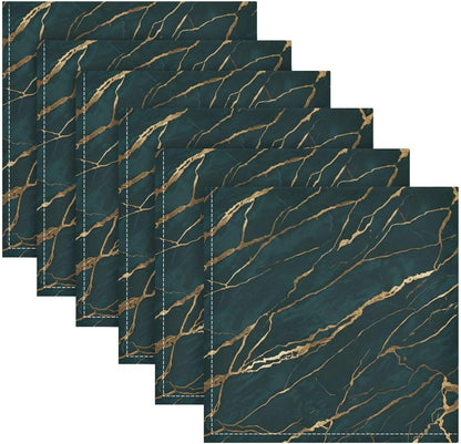 Emerald Gold Marble 20x20 Inch Cloth Napkins Set of 6, Satin Peach Skin Polyester Dinner Napkins, Washable Reusable Table Napkins with Hemmed Edges for Wedding Party Restaurant Everyday Use
