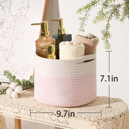 MiniArk Small Basket for Organizing | Cube Shelf Closet Storage Baskets | 9.7×9.7×7.1” | Woven Rope Gift Basket | Nursery | Round 3 Packs Pink