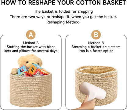 MiniArk Small Basket for Organizing | Cube Shelf Closet Storage Baskets | 9.7×9.7×7.1” | Woven Rope Gift Basket | Nursery | Round 3 Packs Pink