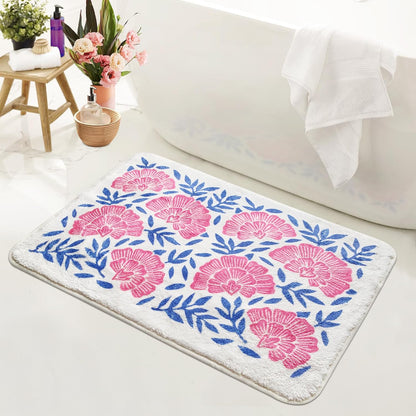 SHIYUE Cute Bath Mat for Bathroom Rugs, Ultra Soft and Fluffy Microfiber Water Absorption Non Slip Mat for Bedroom Kitchen Bathroom Toilet Floors(18"×26" Pink Flower)