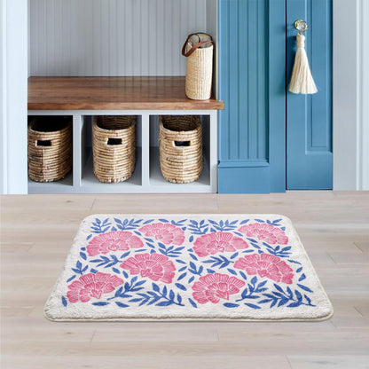 SHIYUE Cute Bath Mat for Bathroom Rugs, Ultra Soft and Fluffy Microfiber Water Absorption Non Slip Mat for Bedroom Kitchen Bathroom Toilet Floors(18"×26" Pink Flower)