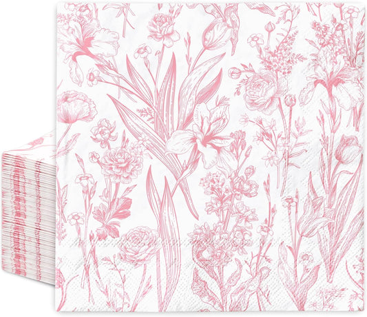 FYSUIMU 50Pcs Pink Floral Paper Napkins Pink & White Disposable Paper Spring Vintage Botanical Flower Leaf Disposable Luncheon Napkins for Bridal Baby Shower Birthday Wedding Tea Party Tableware Decor