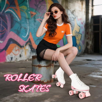 Women's High-Top PU Leather Roller Skates - Four-Wheel Shiny Skates for Girls Unisex