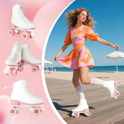 Women's High-Top PU Leather Roller Skates - Four-Wheel Shiny Skates for Girls Unisex