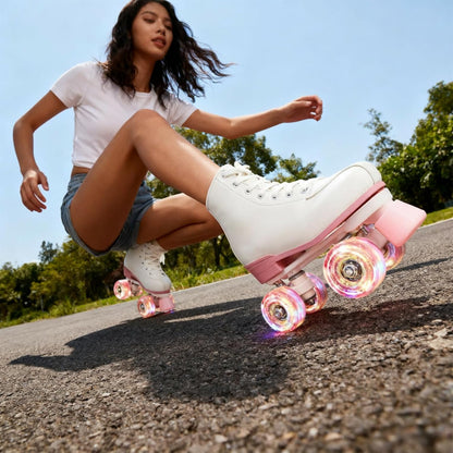 Women's High-Top PU Leather Roller Skates - Four-Wheel Shiny Skates for Girls Unisex