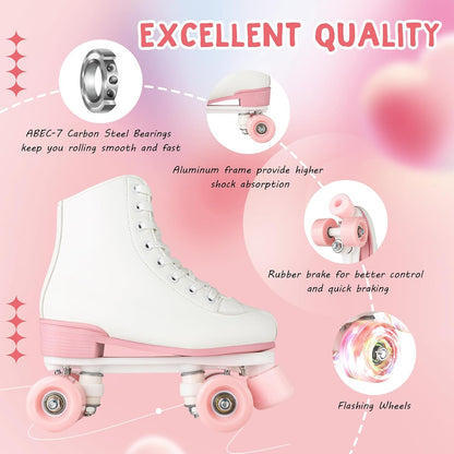 Women's High-Top PU Leather Roller Skates - Four-Wheel Shiny Skates for Girls Unisex