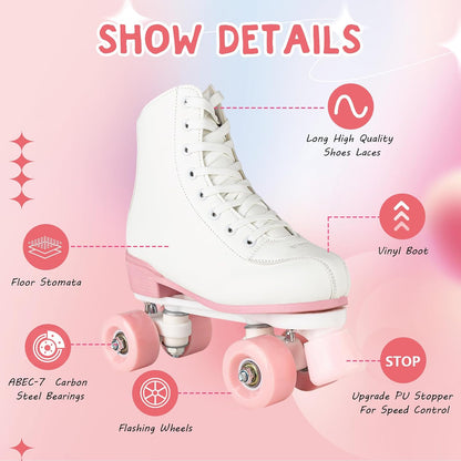 Women's High-Top PU Leather Roller Skates - Four-Wheel Shiny Skates for Girls Unisex