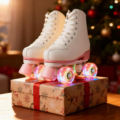 Women's High-Top PU Leather Roller Skates - Four-Wheel Shiny Skates for Girls Unisex