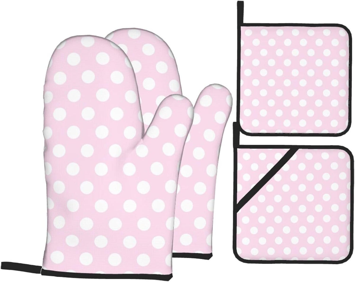 Light Pink Polka Dot Print A Oven Mitts and Pot Holders 4 pcs Set, Heat Resistant Silicone Oven Mitts Pot Holders for Kitchen Baking Cooking, Non-Slip Hot Pads Potholders Gloves