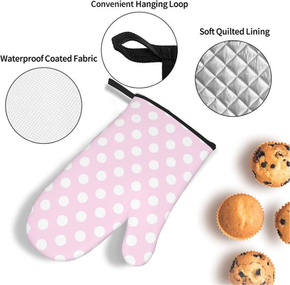 Light Pink Polka Dot Print A Oven Mitts and Pot Holders 4 pcs Set, Heat Resistant Silicone Oven Mitts Pot Holders for Kitchen Baking Cooking, Non-Slip Hot Pads Potholders Gloves