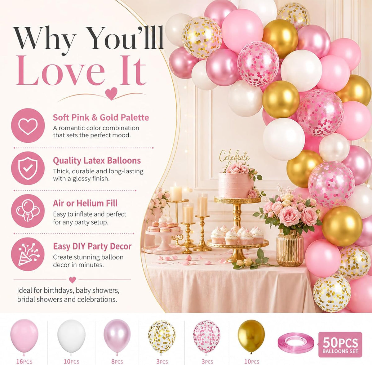 Pink and Gold Balloons, 12 Inch Pink White Metallic Chrome Gold Confetti Pink Latex Balloons with Ribbon Pink Gold Party Balloons Set for Girls Baby Shower Birthday Princess Party Decorations