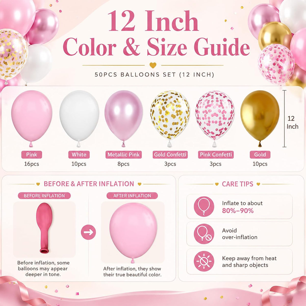Pink and Gold Balloons, 12 Inch Pink White Metallic Chrome Gold Confetti Pink Latex Balloons with Ribbon Pink Gold Party Balloons Set for Girls Baby Shower Birthday Princess Party Decorations