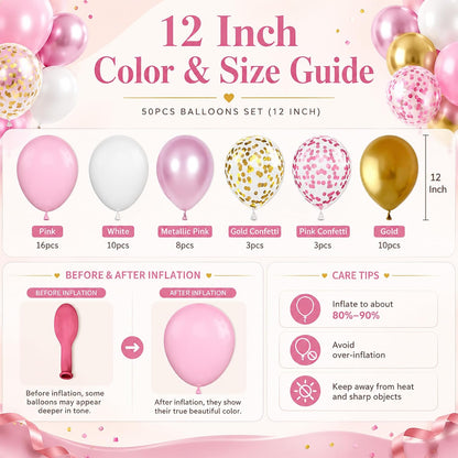 Pink and Gold Balloons, 12 Inch Pink White Metallic Chrome Gold Confetti Pink Latex Balloons with Ribbon Pink Gold Party Balloons Set for Girls Baby Shower Birthday Princess Party Decorations