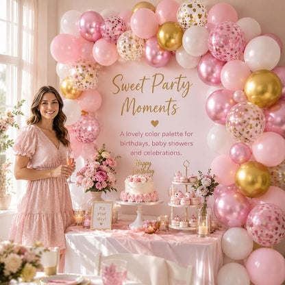 Pink and Gold Balloons, 12 Inch Pink White Metallic Chrome Gold Confetti Pink Latex Balloons with Ribbon Pink Gold Party Balloons Set for Girls Baby Shower Birthday Princess Party Decorations