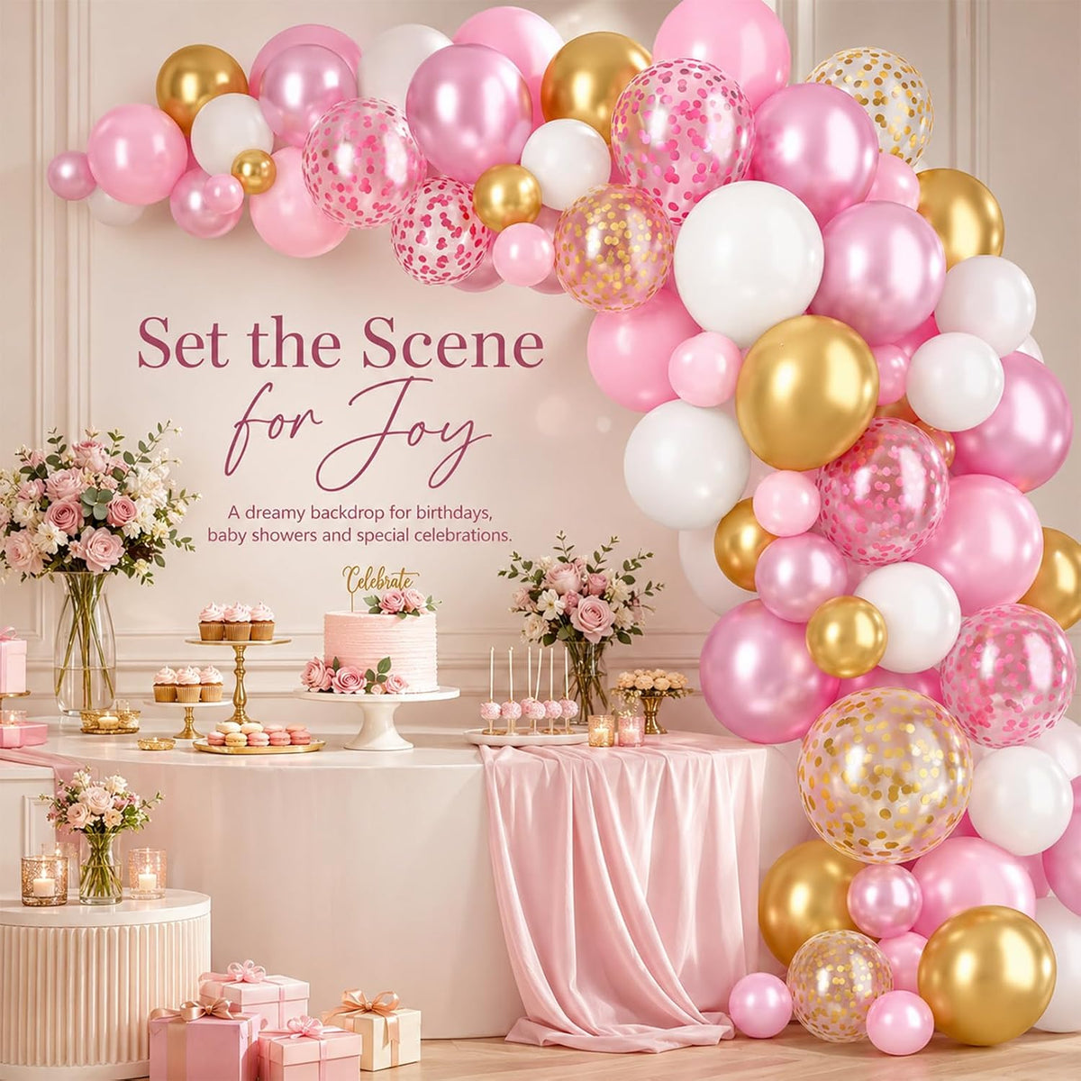Pink and Gold Balloons, 12 Inch Pink White Metallic Chrome Gold Confetti Pink Latex Balloons with Ribbon Pink Gold Party Balloons Set for Girls Baby Shower Birthday Princess Party Decorations