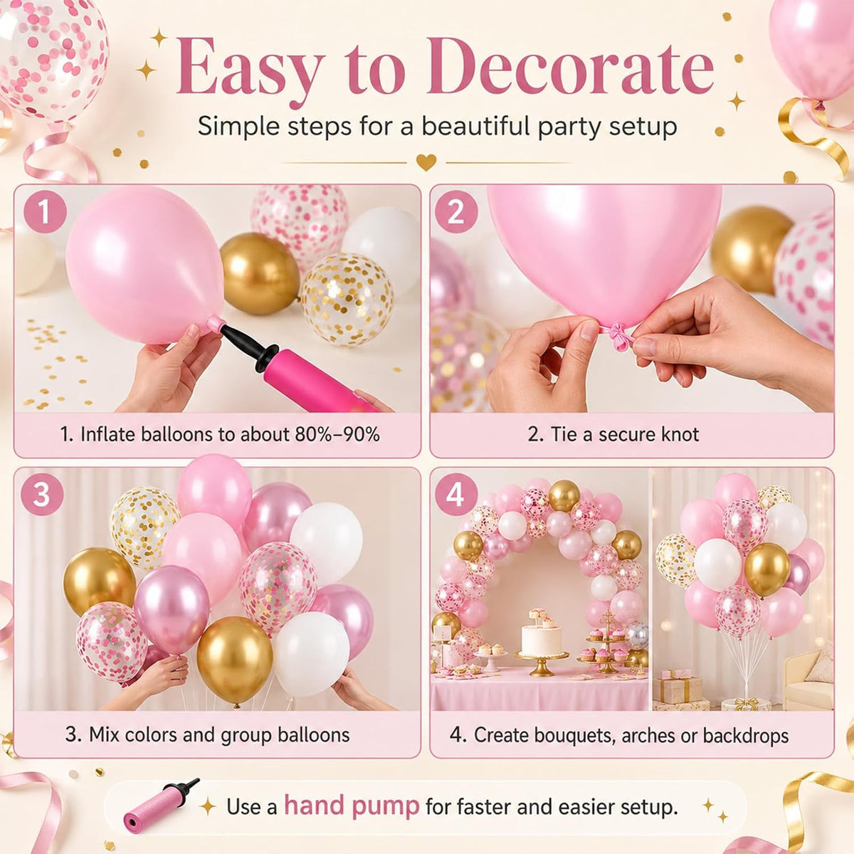 Pink and Gold Balloons, 12 Inch Pink White Metallic Chrome Gold Confetti Pink Latex Balloons with Ribbon Pink Gold Party Balloons Set for Girls Baby Shower Birthday Princess Party Decorations
