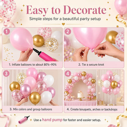 Pink and Gold Balloons, 12 Inch Pink White Metallic Chrome Gold Confetti Pink Latex Balloons with Ribbon Pink Gold Party Balloons Set for Girls Baby Shower Birthday Princess Party Decorations