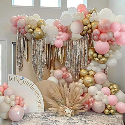 Pink and Gold Balloons, 12 Inch Pink White Metallic Chrome Gold Confetti Pink Latex Balloons with Ribbon Pink Gold Party Balloons Set for Girls Baby Shower Birthday Princess Party Decorations