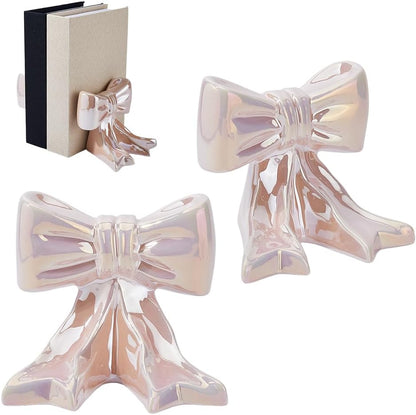 1Pair Bow Ceramic Bookend Pink Bowknot Bookends Cute Book Stopper for Shelves 5.12x3.74x3.54 Inch Desktop Book Ends for Bedroom Living Room Merch Apartment Bookshelf