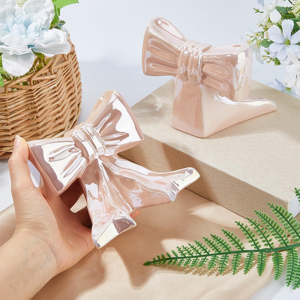 1Pair Bow Ceramic Bookend Pink Bowknot Bookends Cute Book Stopper for Shelves 5.12x3.74x3.54 Inch Desktop Book Ends for Bedroom Living Room Merch Apartment Bookshelf
