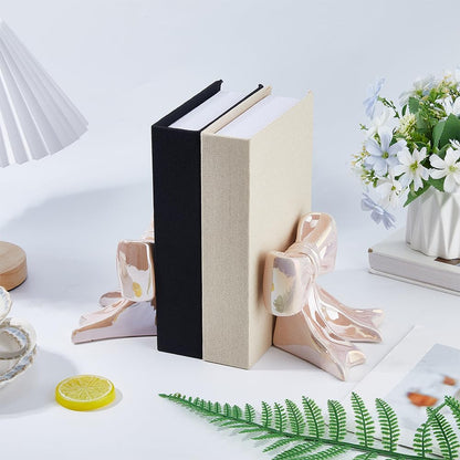 1Pair Bow Ceramic Bookend Pink Bowknot Bookends Cute Book Stopper for Shelves 5.12x3.74x3.54 Inch Desktop Book Ends for Bedroom Living Room Merch Apartment Bookshelf