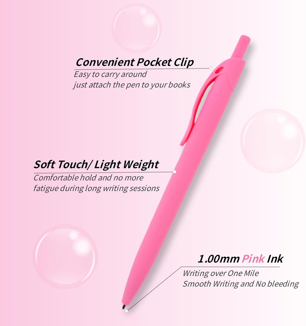 Ballpoint Pens Bulk, 50 Pack Pink Ink 1.00mm, No Bleed Click Pens