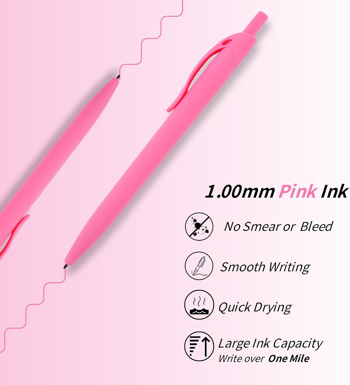 Ballpoint Pens Bulk, 50 Pack Pink Ink 1.00mm, No Bleed Click Pens