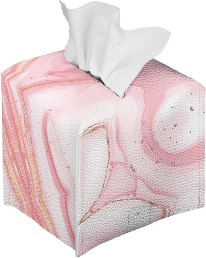 Pink Leather Tissue Box Cover Marble Tissue Box Holder Square Decorative Cube Paper Napkin Organizer for Tabletop Office Car Bathroom