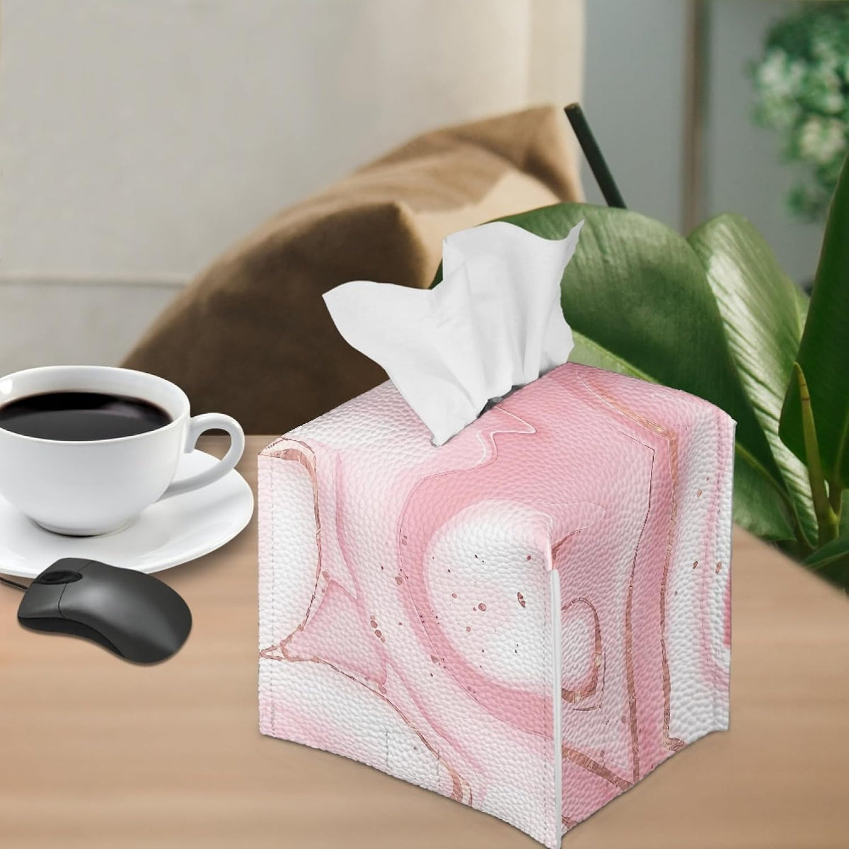 Pink Leather Tissue Box Cover Marble Tissue Box Holder Square Decorative Cube Paper Napkin Organizer for Tabletop Office Car Bathroom